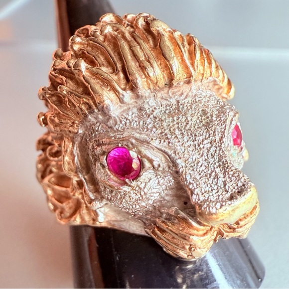 Other - 10k Solid Gold Ruby Eyes Lion’s Head Artisan Made Men’s HEAVY Ring Size …